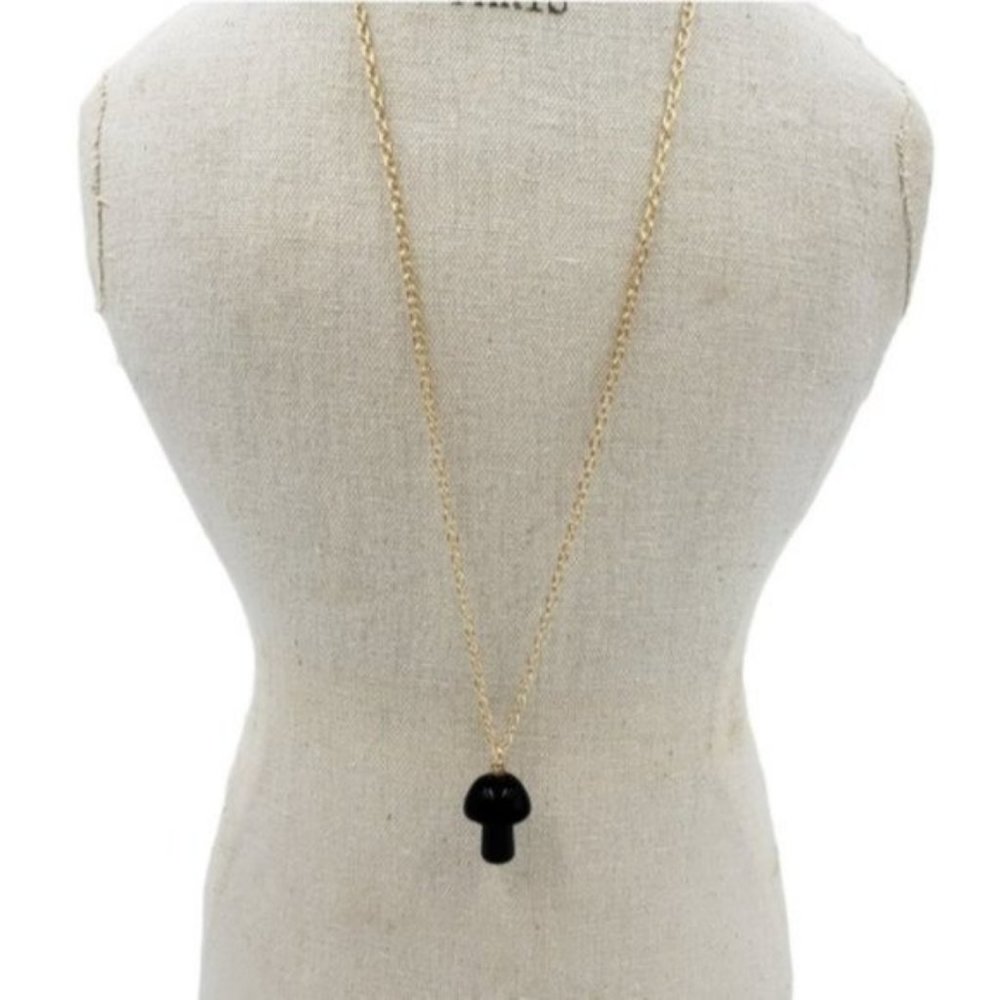 Mushroom Natural Stone Handmade Pendant Necklace Obsidian Black Festival…